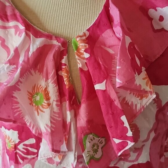 LILLY PULITZER Scarlet Begonia Ruffle Scoop Neck Pink Floral Sleeveless Top XS - Picture 3 of 10